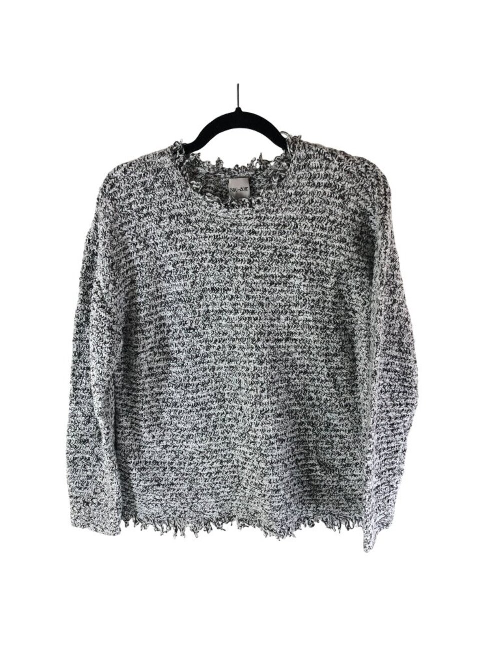 Nic+Zoe Sweater Chunky Knit Fringe Cotton Blend Marled White Gray M